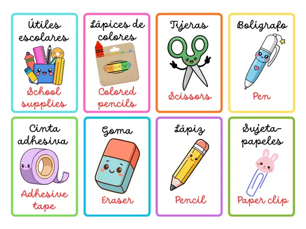 📚 Tarjetas educativas de vocabulario: Materiales escolares (Español – Inglés)