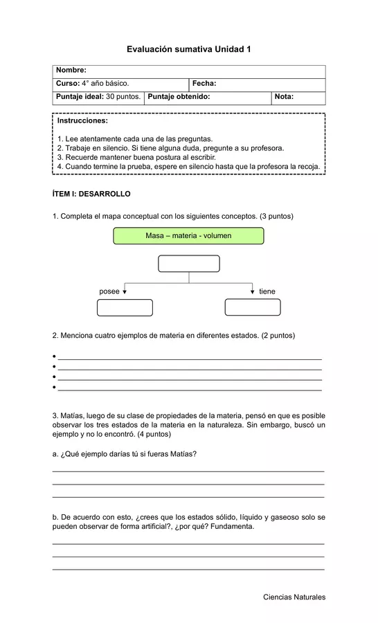 Evaluación sumativa Unidad 1 - Ciencias Naturales