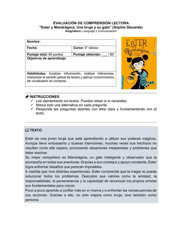 Prueba del libro "Ester y Mandrágora: Una bruja y su gato” (Sophie Dieuaide)