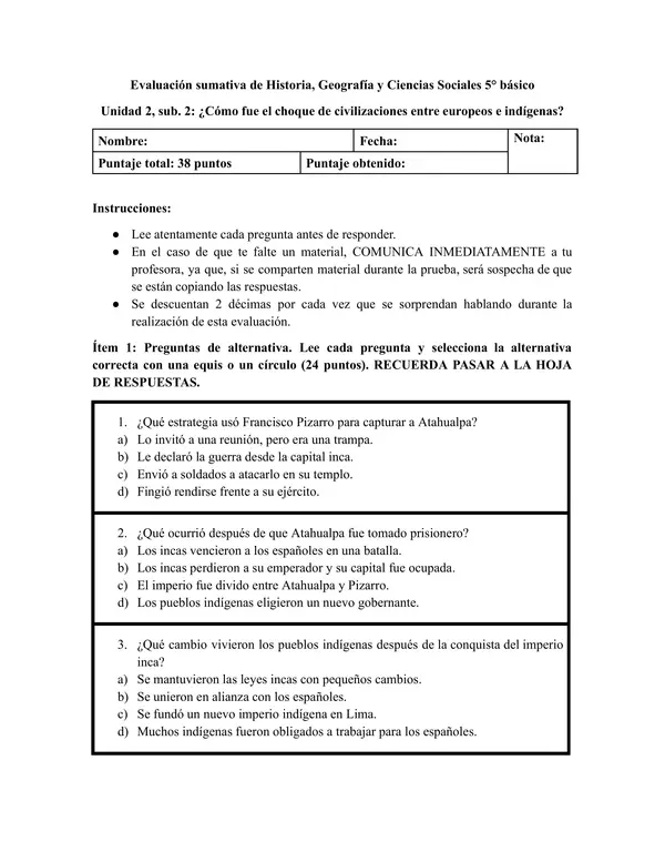 Prueba 5to básico Caída Incas y Aztecas, conquista de Santiago, resistencia indígena