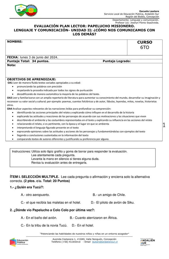 Evaluación Libro Papelucho misionero 6to básico.