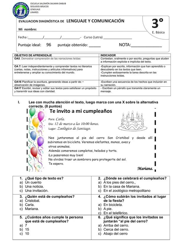 Diagnóstico lenguaje y comunicación 3ro básico