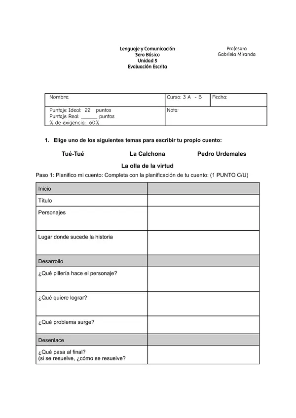 Evaluación escrita 3º básico