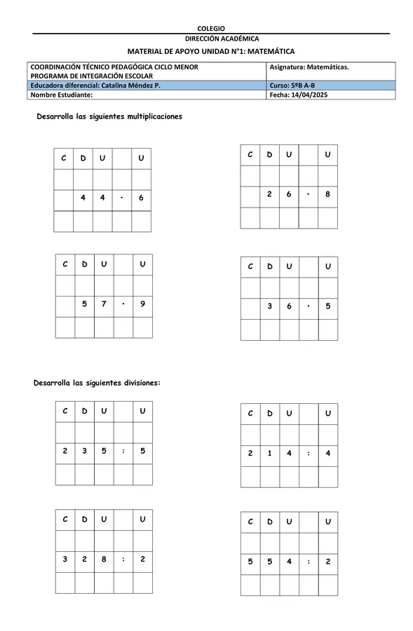 Material de apoyo división y multiplicación.