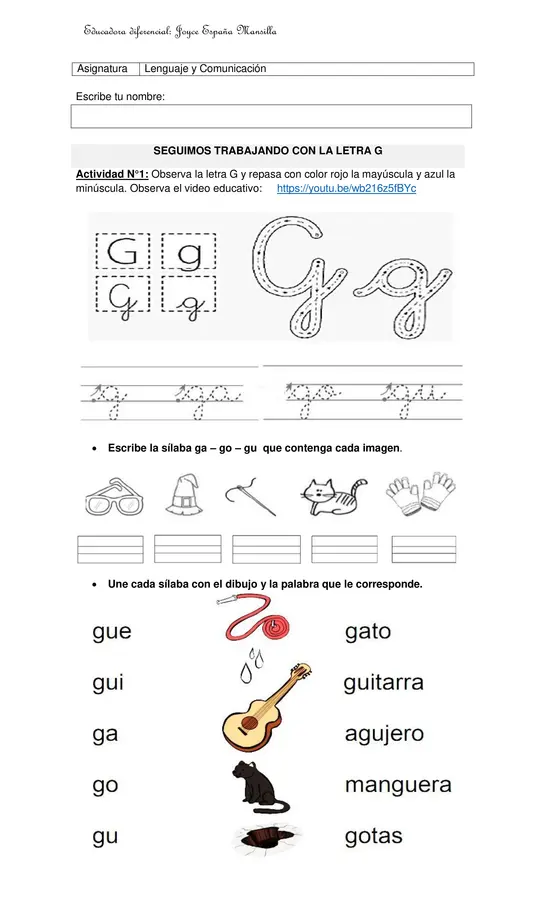 Cuadernillo Actividades G, ga, go, gu, gue, gui, ge gi. | profe.social