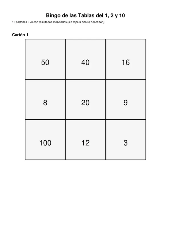 Cartones de bingo tabla del 1, 2 y 10.