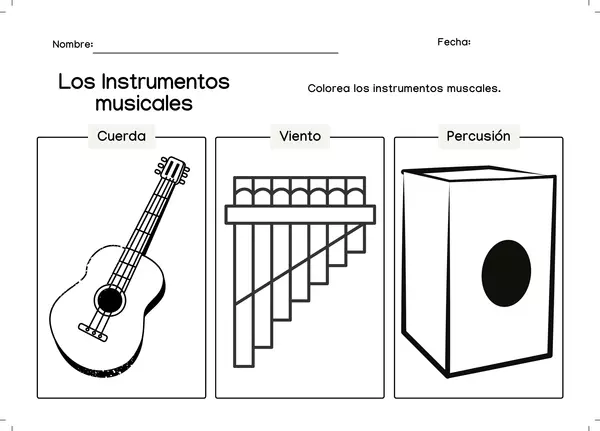 Colorear Instrumentos de cuerda, viento y percusión-Hoja de trabajo para imprimir