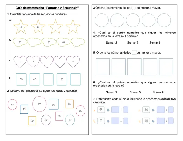 Guía de matemática 1° año "Patrones y secuencias hasta 50"