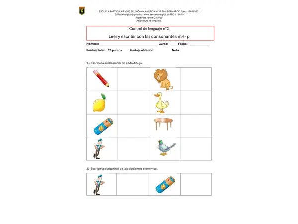 Control de Escritura y lectura con las consonantes M-L-P