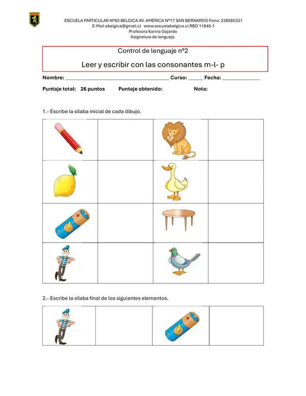 Control de Escritura y lectura con las consonantes M-L-P