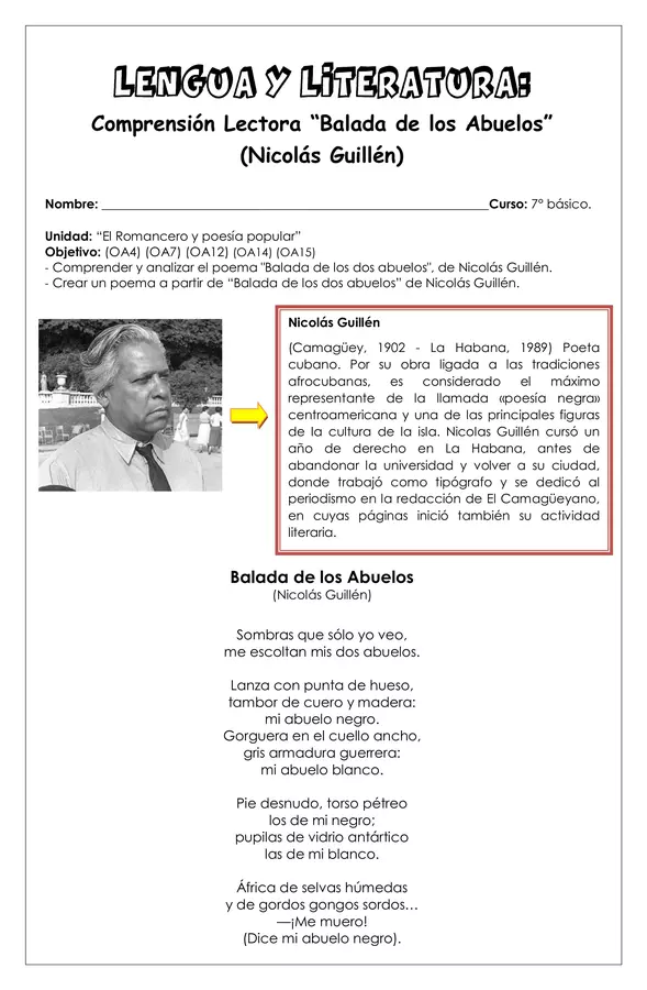 Guía de trabajo - "Balada de los abuelos" (Nicolás Guillén) - 7° básico (Lengua y literatura)