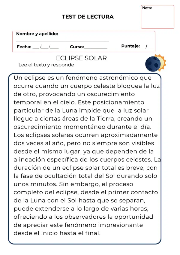 Test de Lectura: Eclipse Solar (Ensayo Impulso Lector / Lectura Comprensiva)