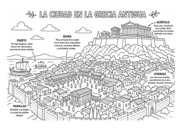 La Ciudad en la Grecia Antigua | Póster Educativo para Colorear