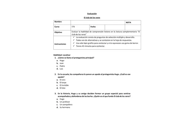 Evaluación de comprensión lectora: El club de los raros – 5° básico