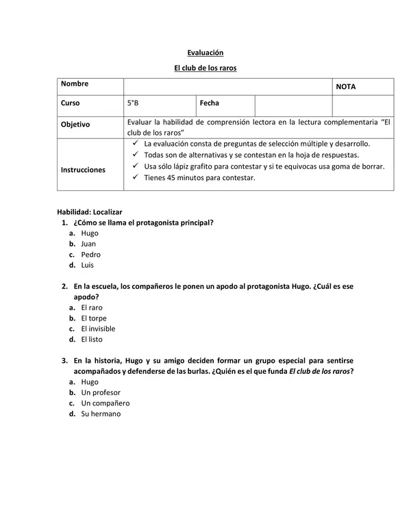 Evaluación de comprensión lectora: El club de los raros – 5° básico