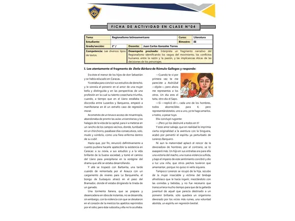 Actividad de Lectura: Regionalismo latinoamericano – Fragmento de Doña Bárbara