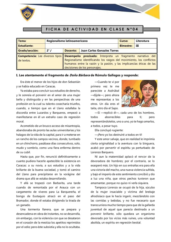 Actividad de Lectura: Regionalismo latinoamericano – Fragmento de Doña Bárbara