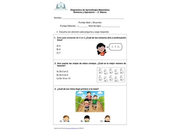 Diagnóstico Matemática Segundo Básico, Número y Operatoria con pauta de respuesta.