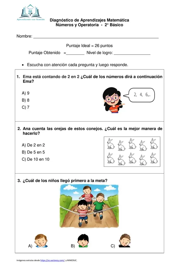 Diagnóstico Matemática Segundo Básico, Número y Operatoria con pauta de respuesta.