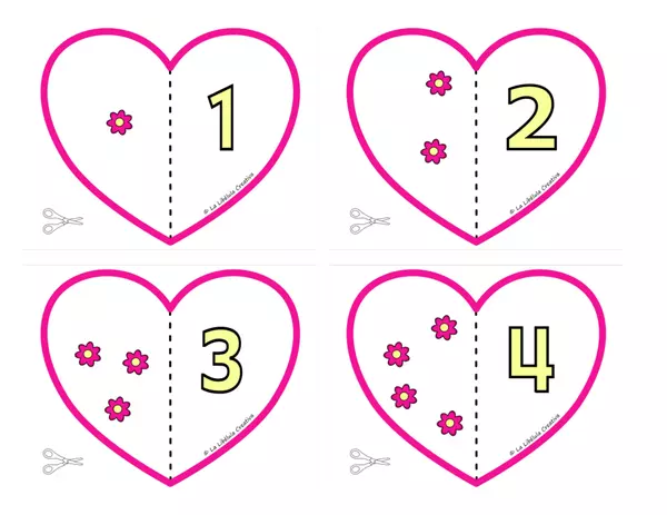 Flash Cards Valentine´s Day Numbers Puzzle Cut Count Color Math