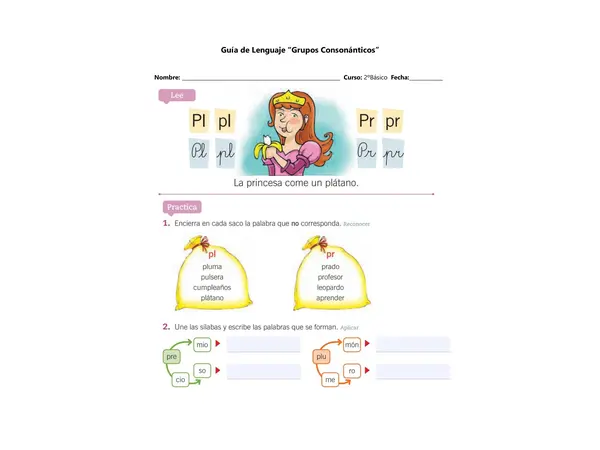 Actividad descargable: Grupos consonánticos PL, PR, BR, BL, FL, FR, GR y GL – 2° Básico