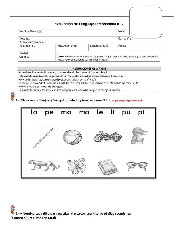 Evaluación de lenguaje Primero Básico