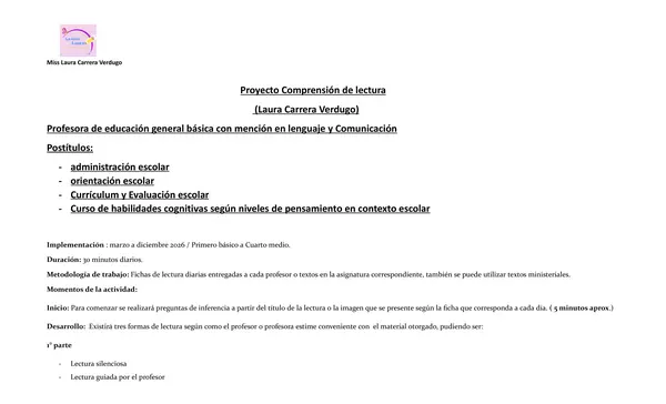 Proyecto de Mejoramiento En comprensión lectora 1° básico  a 4° medio