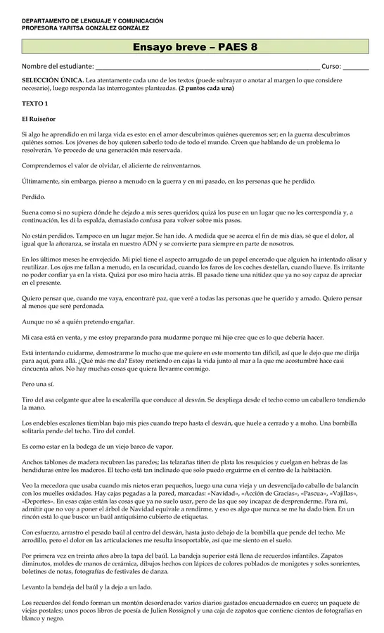Evaluación de comprensión lectora PAES 8 (Incluye PAUTA)
