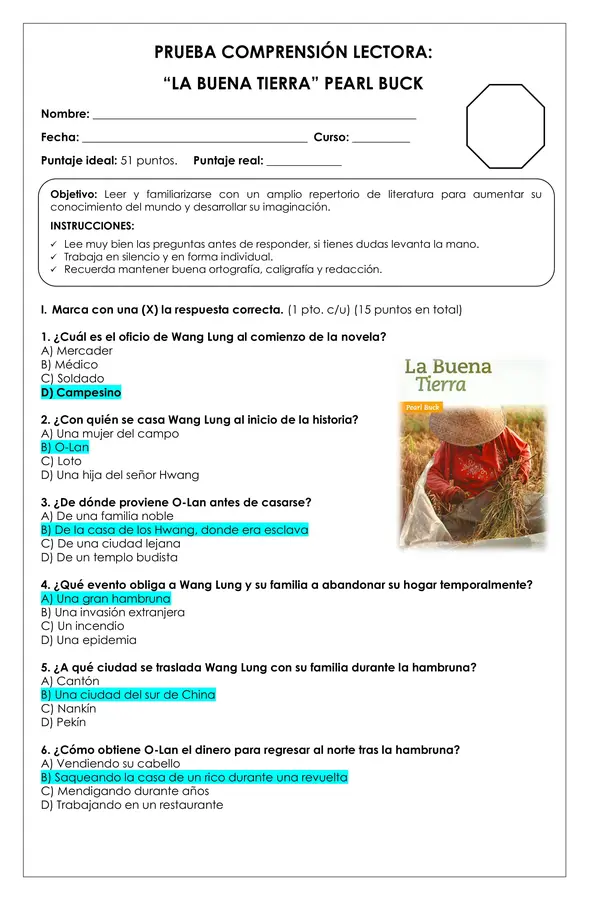 Prueba Lectura - La buena tierra 