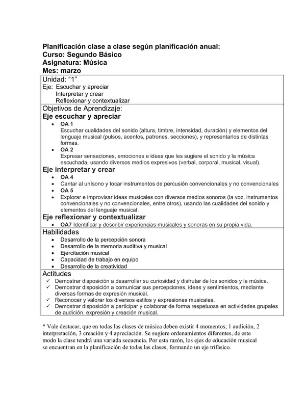 Planificación Clase a Clase: Marzo | Música Segundo Básico