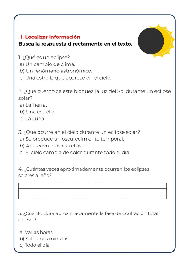 Test de Lectura: Eclipse Solar (Ensayo Impulso Lector / Lectura Comprensiva)
