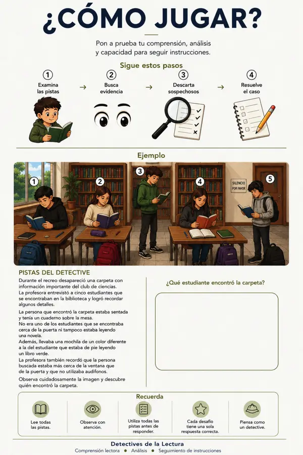 Cuaderno de comprensión lectora, análisis y seguimiento de instrucciones.