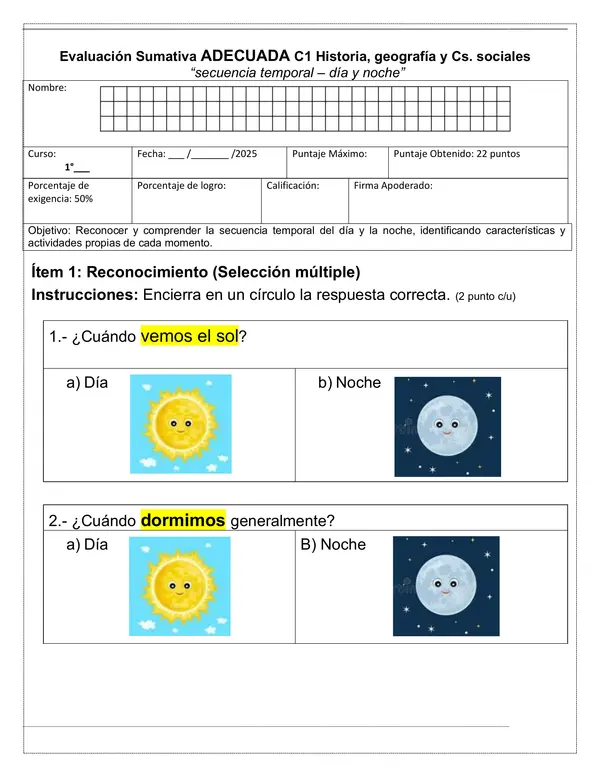 Evaluación ADECUADA NEE secuencia temporal - Historia, geografía y Cs. sociales
