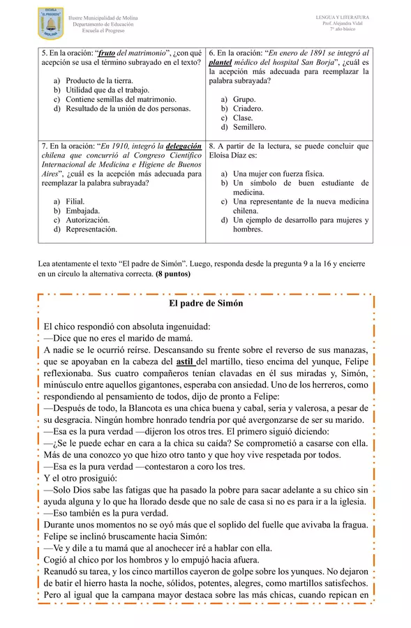 Evaluación diagnóstica - Lengua y Literatura (7° año básico)