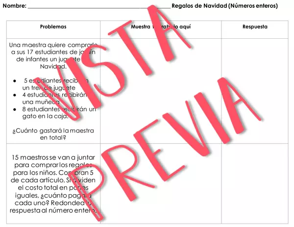 Regalos de Navidad. Problemas enteros, fracciones y decimales