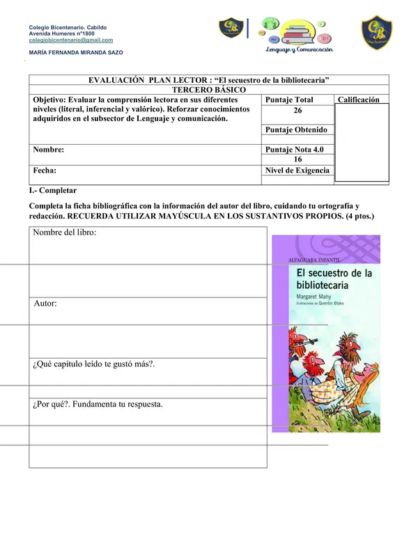 Evaluacion de Plan lector : El secuestro de la bibliotecaria