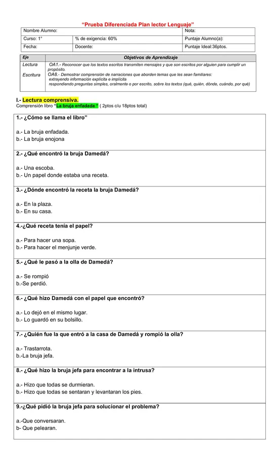 Evaluación Diferenciada Plan lector LA BRUJA ENFADADA.
