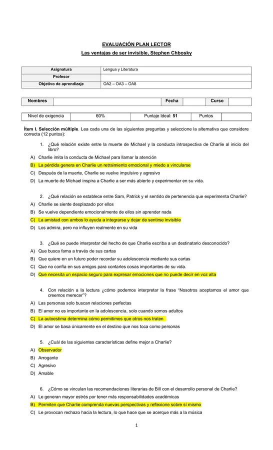 Evaluación - Control lector: Las ventajas de ser invisible