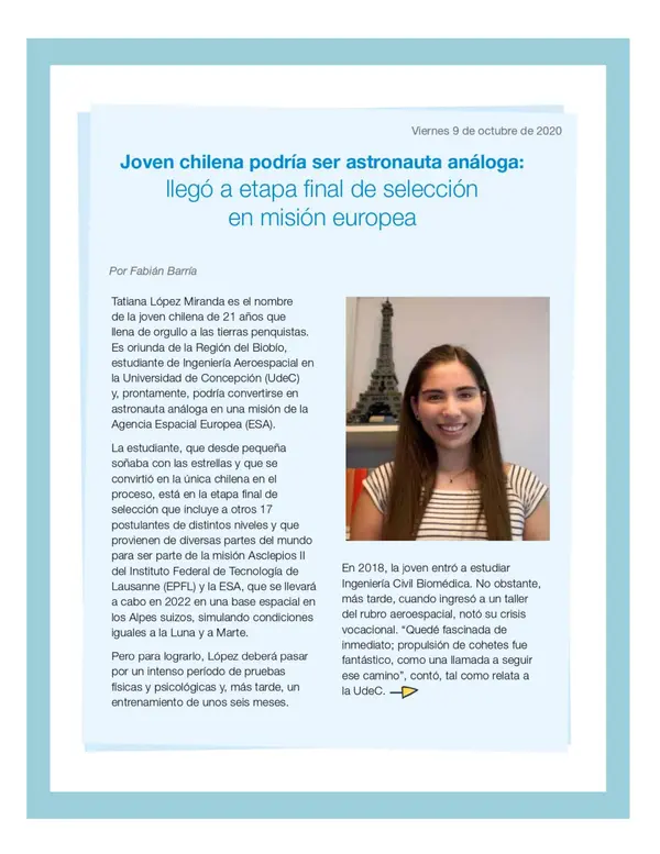 Comprensión lectora: Noticia - Joven chilena podría ser astronauta análoga
