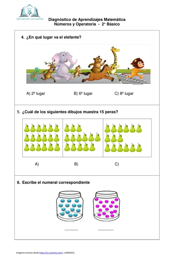 Diagnóstico Matemática Segundo Básico, Número y Operatoria con pauta de respuesta.
