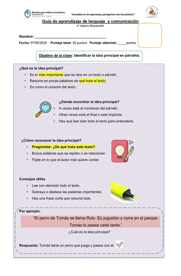 Guia lenguaje  "Identificar la idea principal"