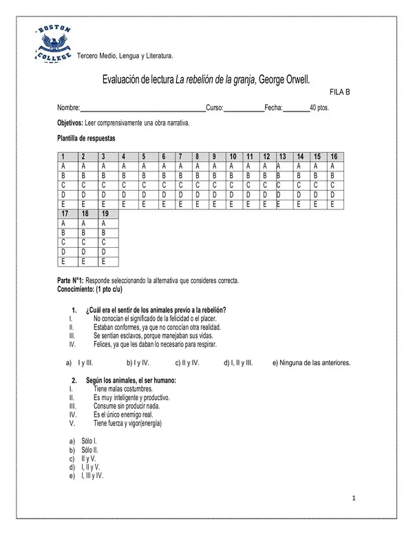 Prueba "La rebelión de la granja" Tercero medio. Orwell.