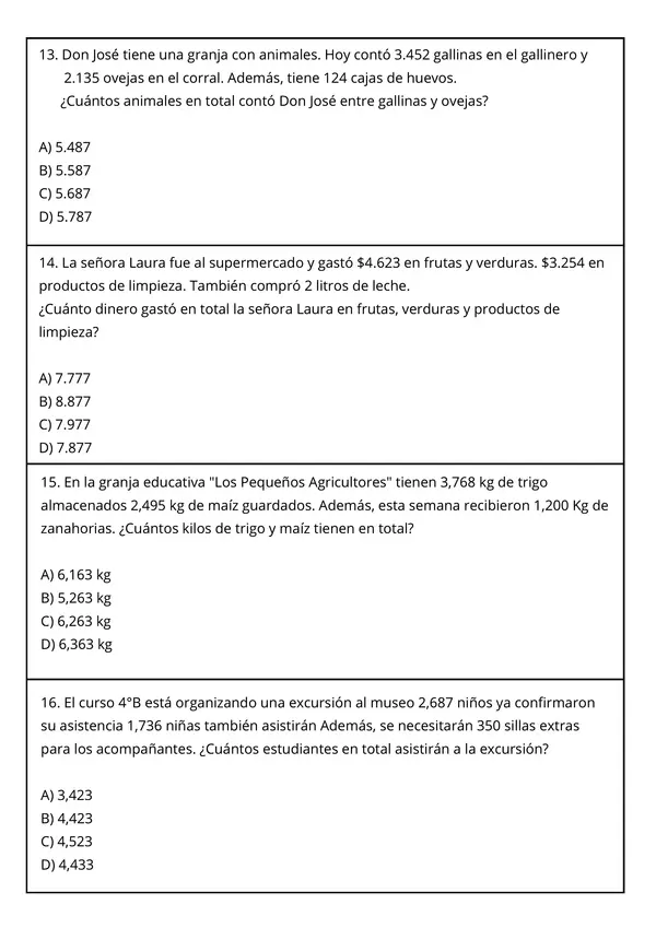 Prueba Resolución de problemas con Sumas, Restas hasta 10.000
