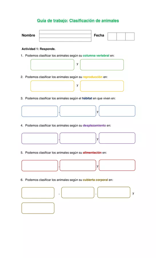 Guia de trabajo Clasificacion de animales, CIENCIAS, PRIMERO BASICO