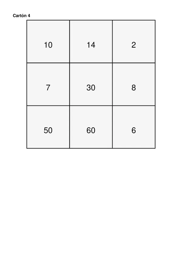 Cartones de bingo tabla del 1, 2 y 10.