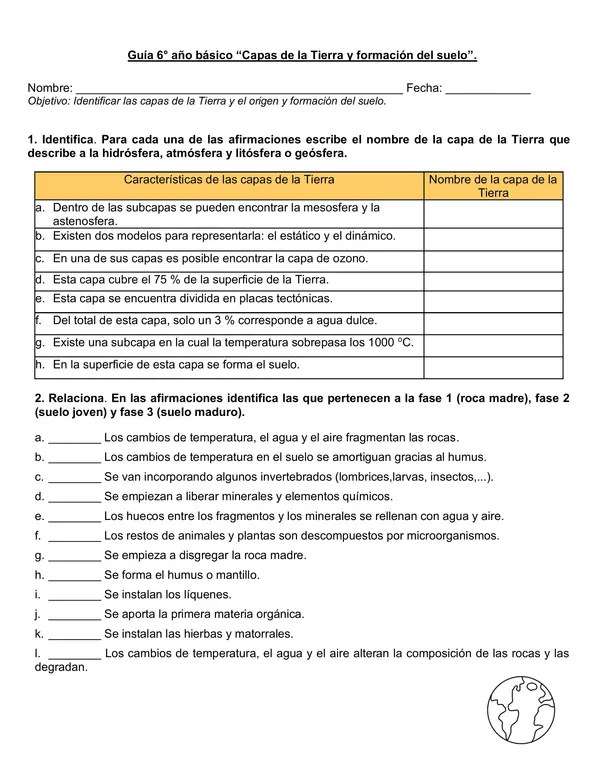 Guía de ciencias 6°año "Capas de la Tierra y formación del suelo".