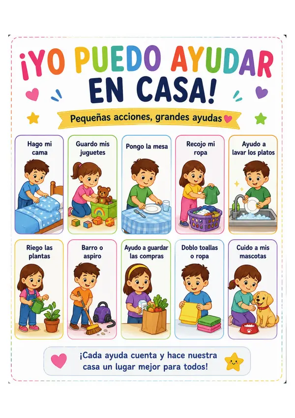 Yo puedo ayudar en casa. Acciones o tareas para ayudar en el hogar