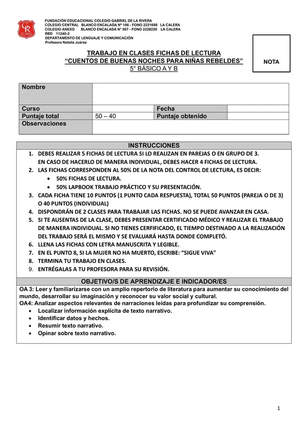 Fichas de Lectura "Cuentos de buenas noches para niñas rebeldes"