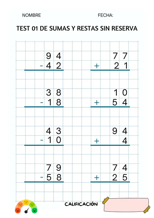Set de test de sumas y restas sin reservas  0 al 100 matemática