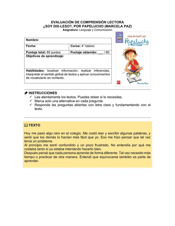 Prueba del libro "¿Soy dix-leso?, por Papelucho" (Marcela Paz)